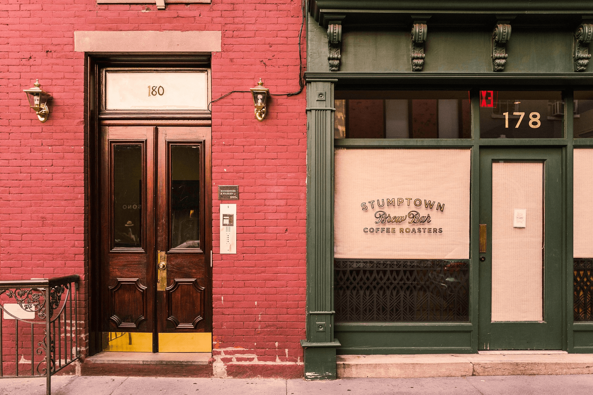 Vintage British storefront and building entrance.